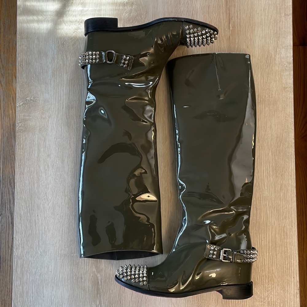 Christian Louboutin Olive Green Patent Leather Studded Knee Boots - Picture 6 of 12